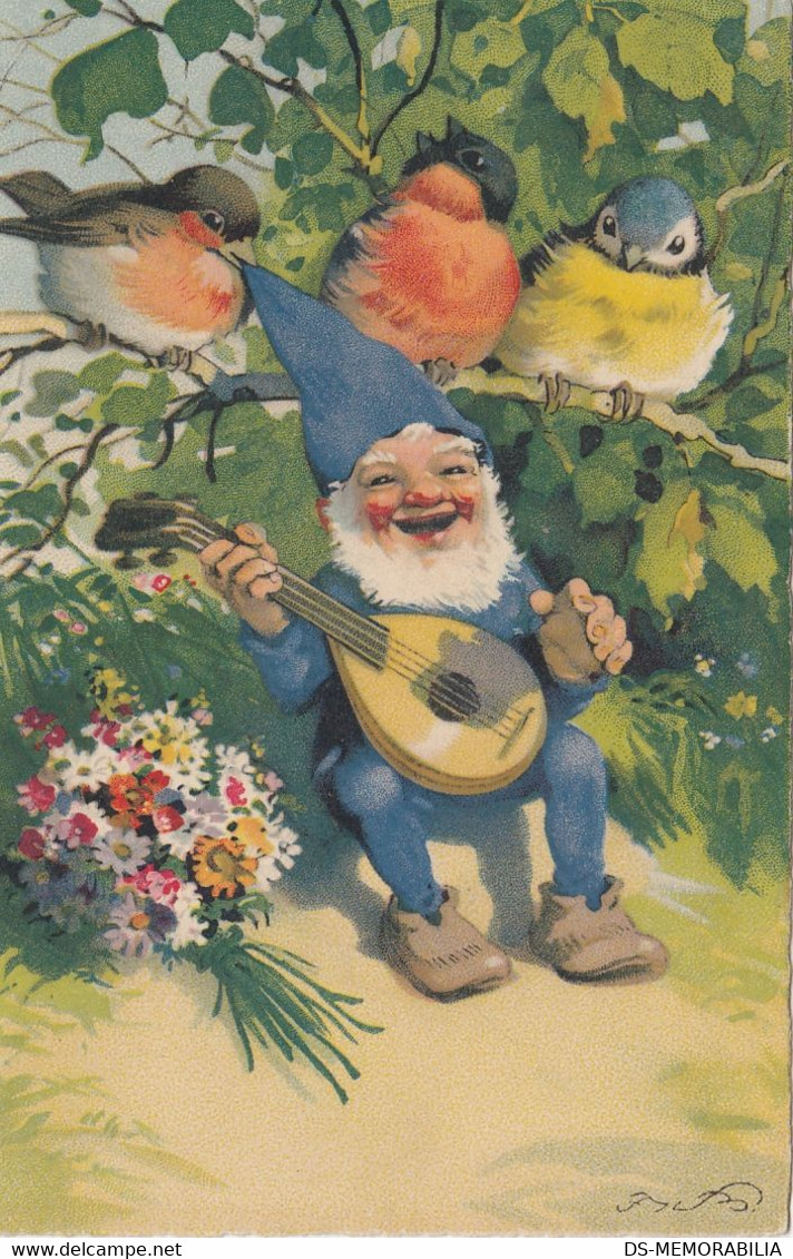 Fritz Baumgarten Zwerg Gnome Dwarf Plays Mandoline BIrds Singing Postcard - Baumgarten, F.