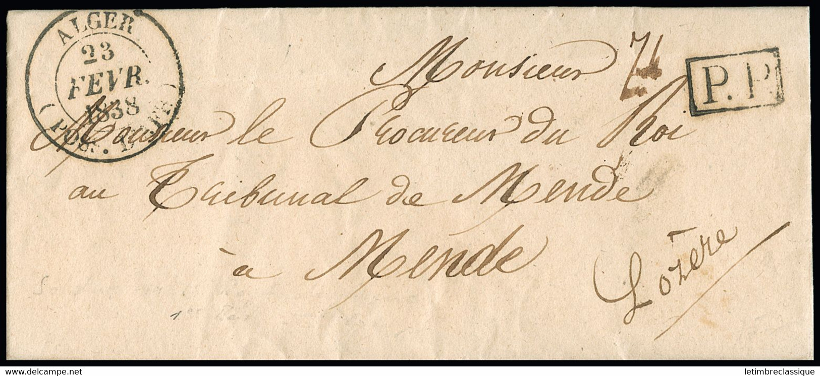 FRANCE Lettre Avec CAD Type 14 "Alger Poss. D'Afr." (23 Fevr 1838) + "PP" Encadré Noir. TB - 1801-1848: Precursori XIX