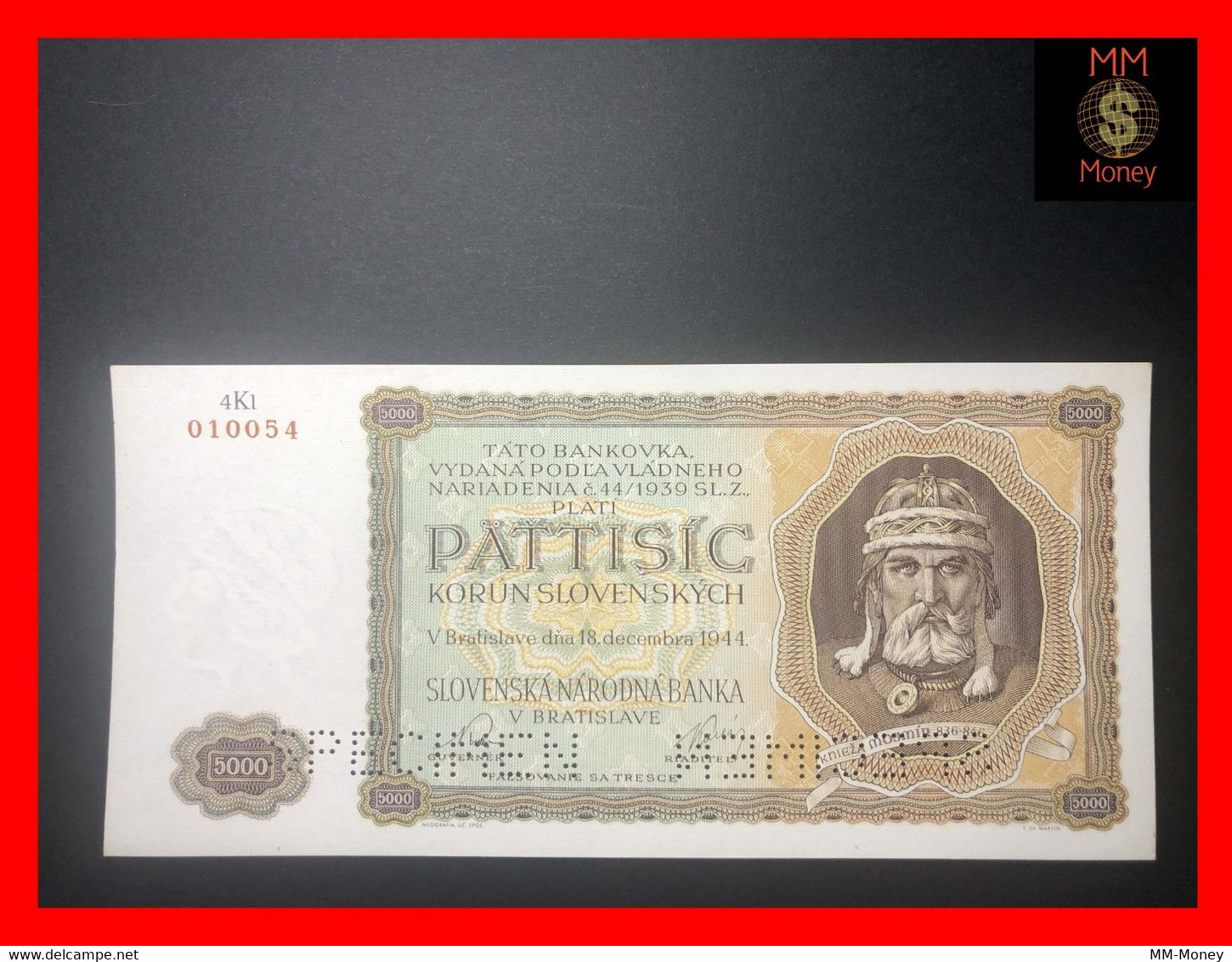 SLOVAKIA 5.000  5000 Korun 18.12.1944  P. 14 S  "perforated Specimen"   *rare*   AU \ UNC - Eslovaquia