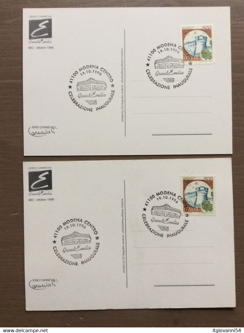 Coppia Cartoline Ufficiali "Centro Commerciale Grandemilia Celebrazione Inaugurale" Annullo Modena 19-10-1996 - Einweihungen