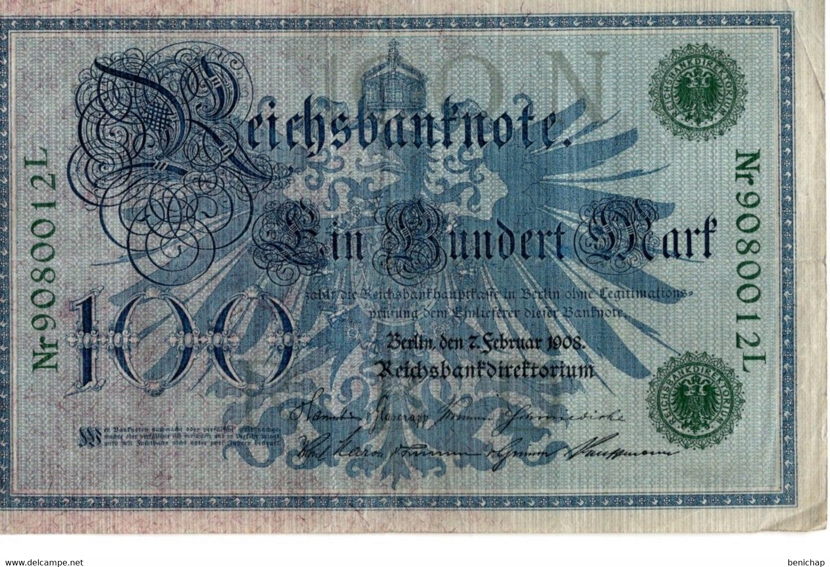 Banknote - Reichsbanknote - 100 Mark - Berlin - 7 Februar 1908 -  Deutschland - Germany. - 100 Mark