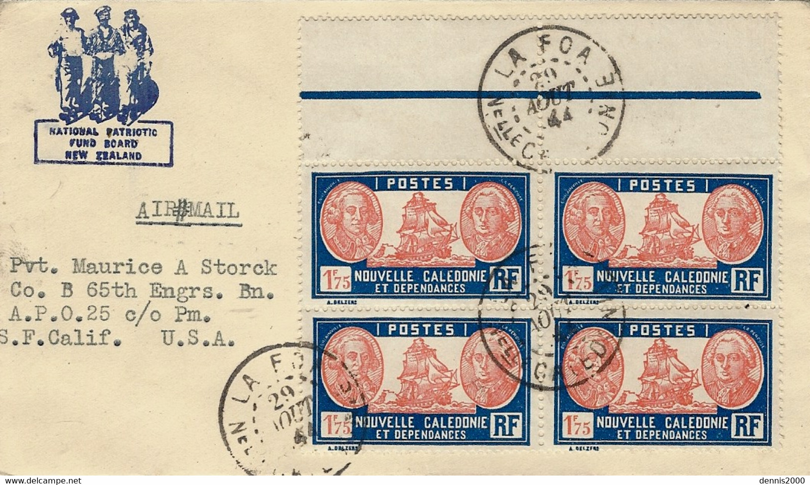 1944- Enveloppe De LA FOA  Affr.  Bloc De 4  Du N°156 A  Pour Les U S A - Brieven En Documenten