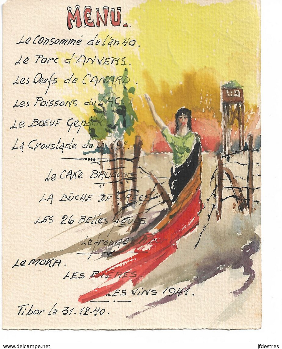 Menu Patriotique Peint à La Main Aux Couleurs Belges Nouvel An 30-12-1940 Camp Prisonniers Oflag III B Tibor Züllichau - 1939-45