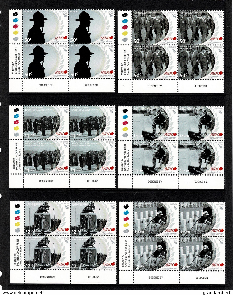 New Zealand 2010 ANZAC Remembrance 3rd Series Set As Corner Blocks Of 4 MNH - Neufs