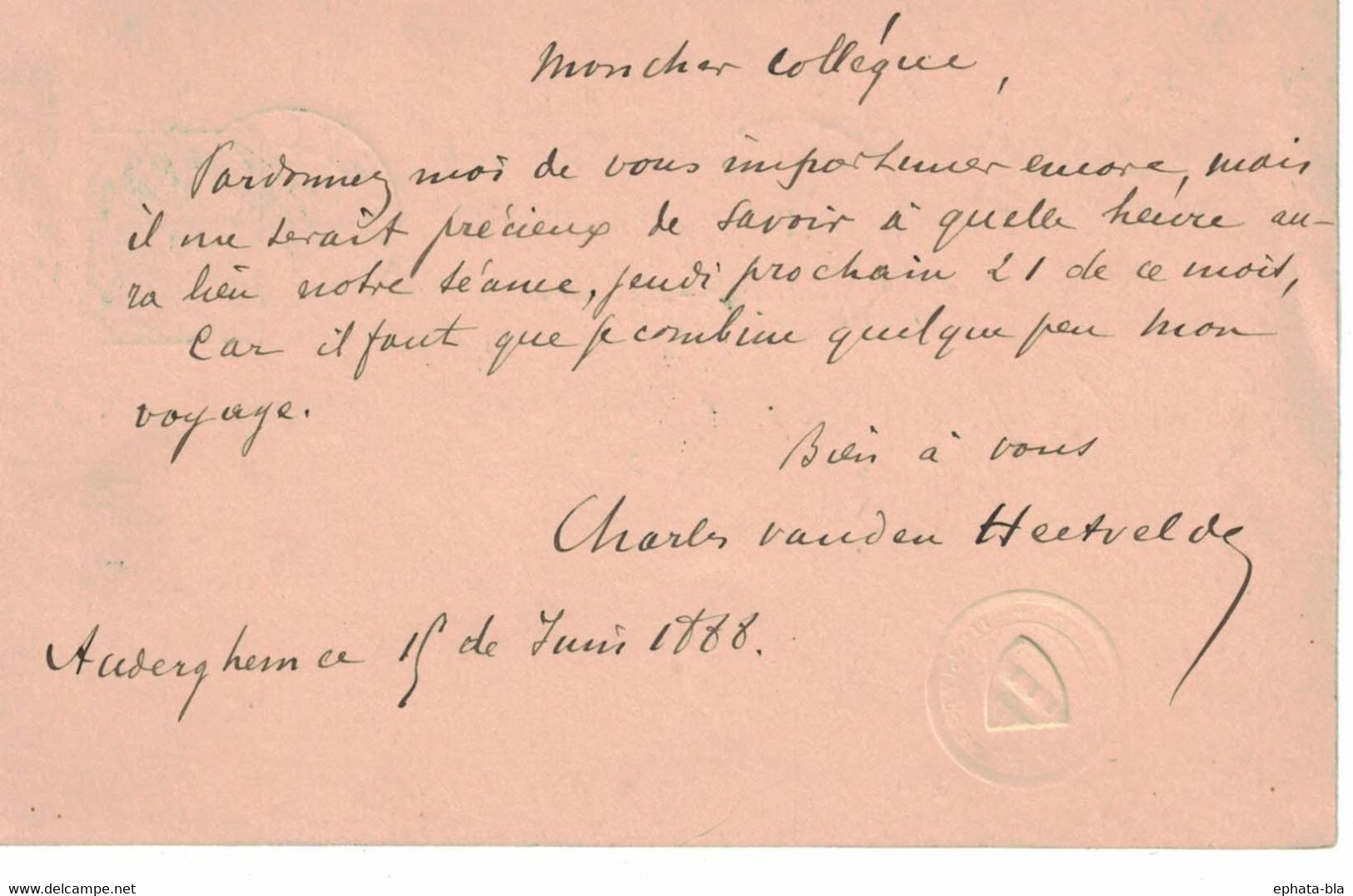 Ernest Mathieu Enghien De Charles Venden Heetvelded'Auderghem. Timbre Sec Avec Blason à Identifier - Postkarten 1871-1909