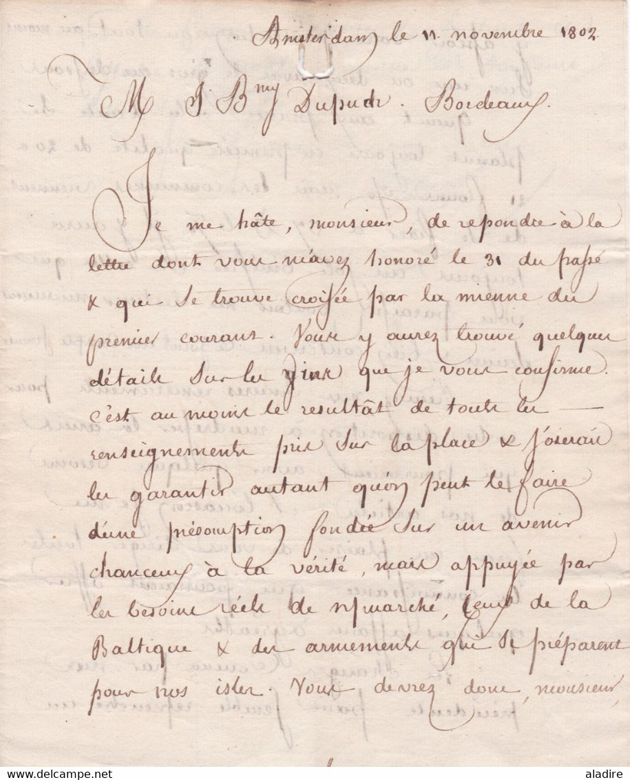 1802 - D'HOLLANDE Lettre Pliée Avec Corresp En Français De 3 Pages D'Amsterdam, République Batave Vers Bordeaux, France - ...-1852 Prephilately