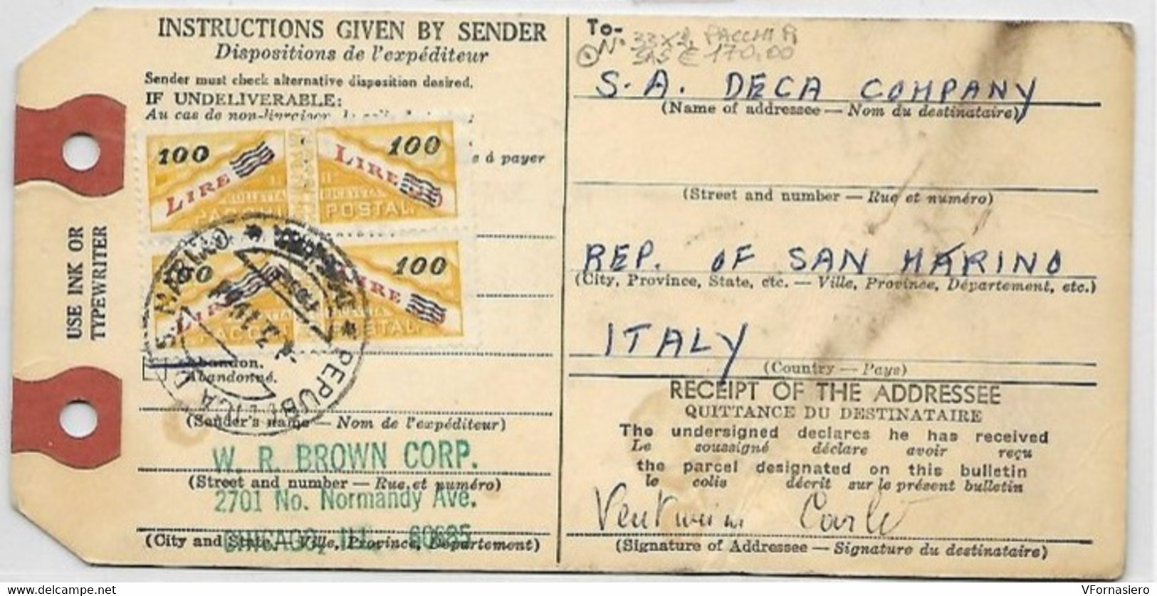 SAN MARINO ʘ 1948, BOLLETTINO Per SPEDIZIONE Di PACCHI POSTALI, VALORI In COPPIA - Paquetes Postales