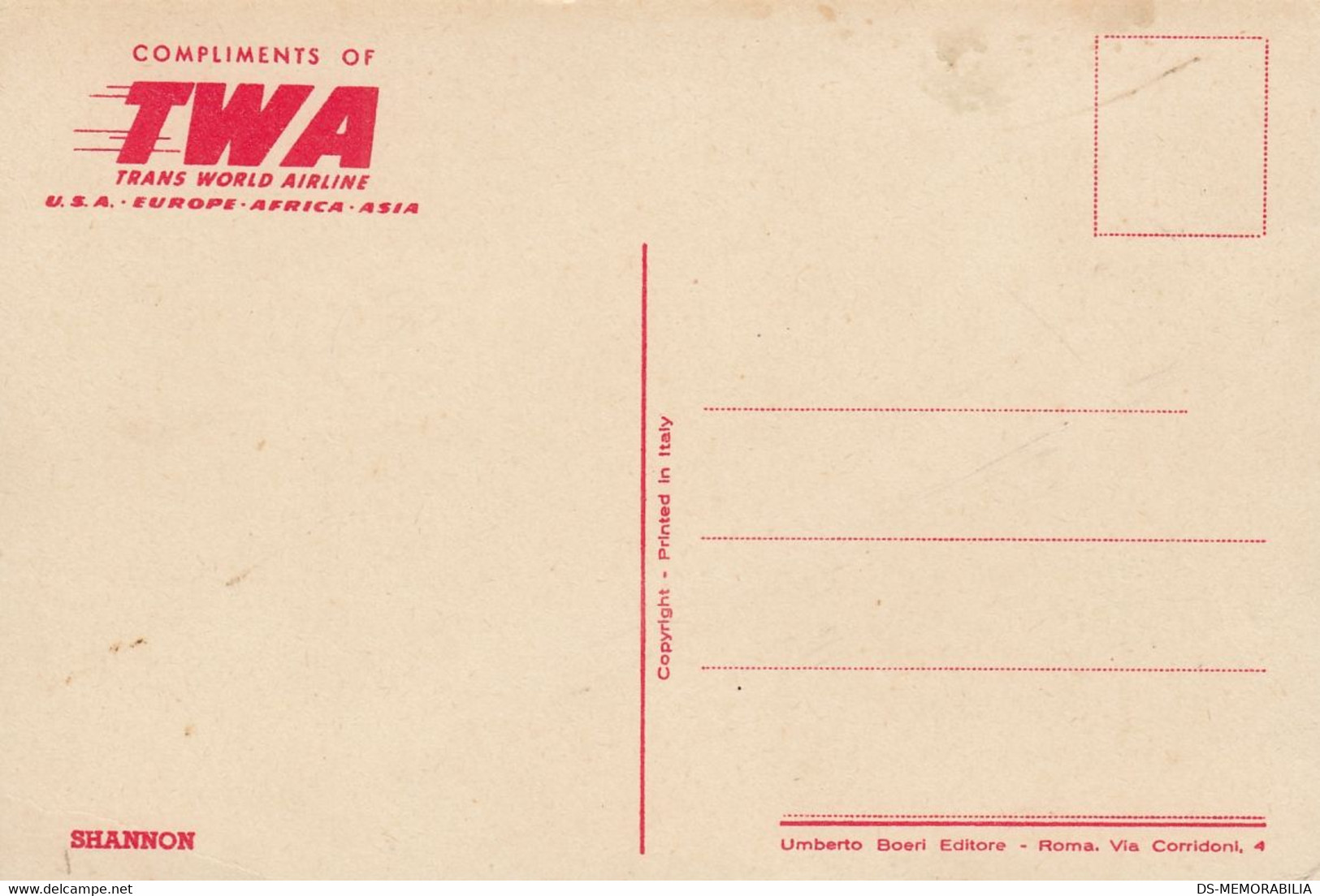 TWA Shannon Constellation Airline Issue Postcard - 1946-....: Modern Era