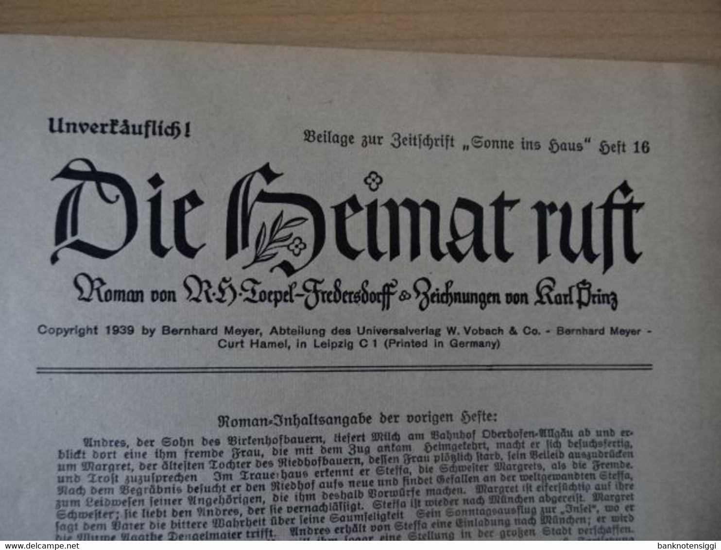 Zeitung."Sonne ins Haus "Heft 16. Jahrgang 1939