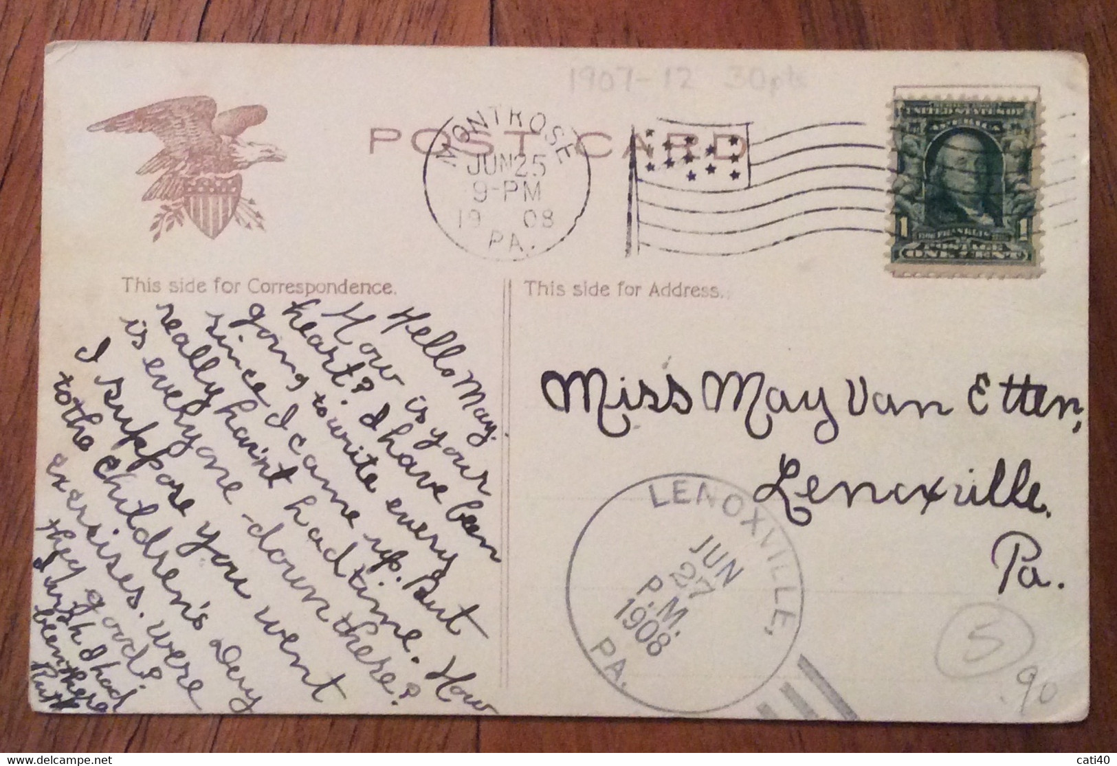 USA -  MONTROSE  25/6/1908 -  POST CARD NIAGARA FALLS TO  LENOXVILLE - Springfield – Missouri