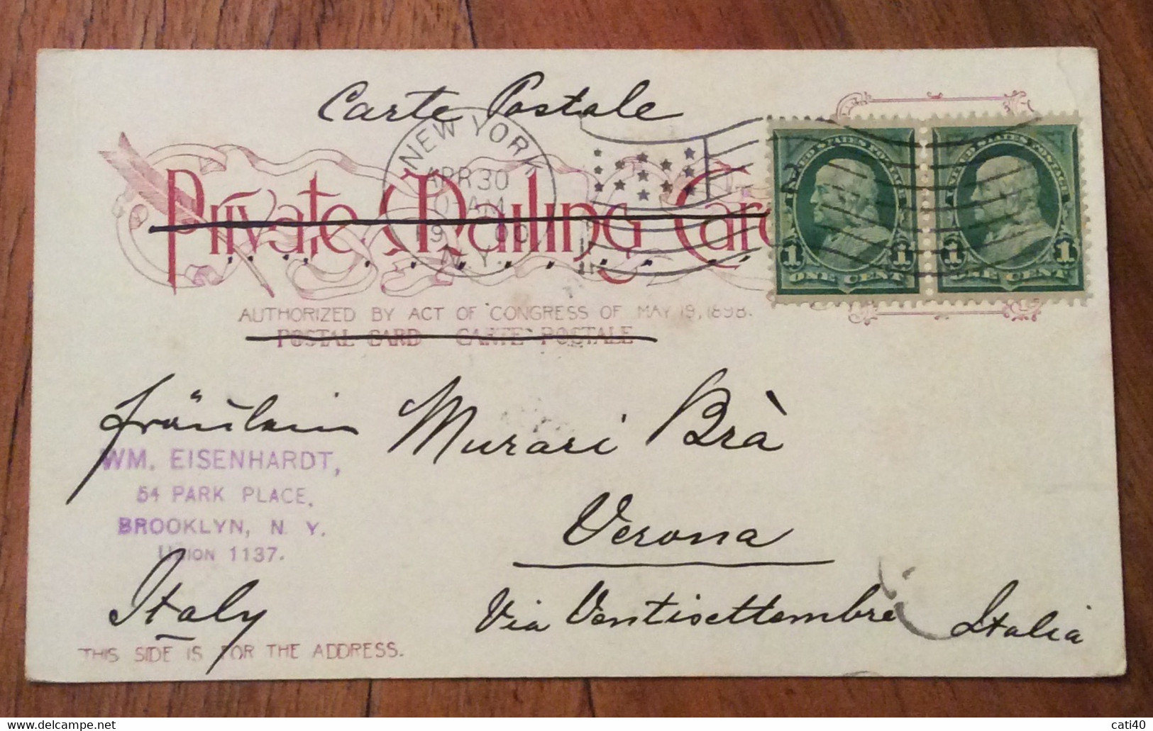 USA -  PRIVATE MAILING CARD - HOTEL MANHATTAN  NEW YORK   - POST CARD FROM NEV YORK 30 APR 1900 TO VERONA  ITALY - Springfield – Missouri