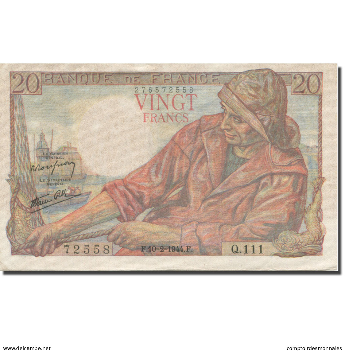 France, 20 Francs, Pêcheur, 1942, 1944-02-10, SUP, Fayette:13.8, KM:100a - 20 F 1942-1950 ''Pêcheur''