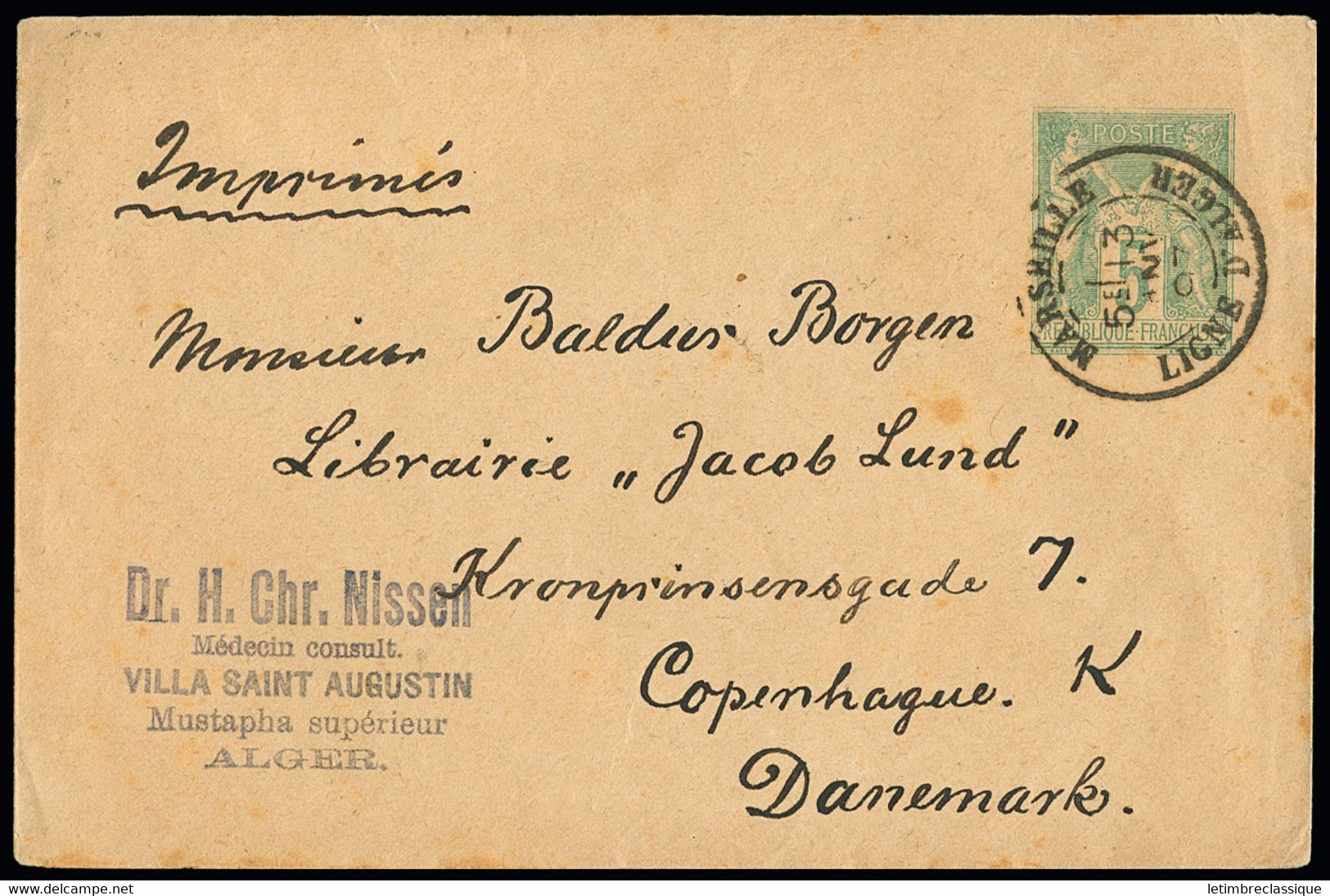 FRANCE Petite Enveloppe Entier Postal 5c Sage OBL CAD "Marseille Ligne D'Alger" (1897) Pour Le Danemark. Rare Et TB - 1877-1920: Periodo Semi Moderno