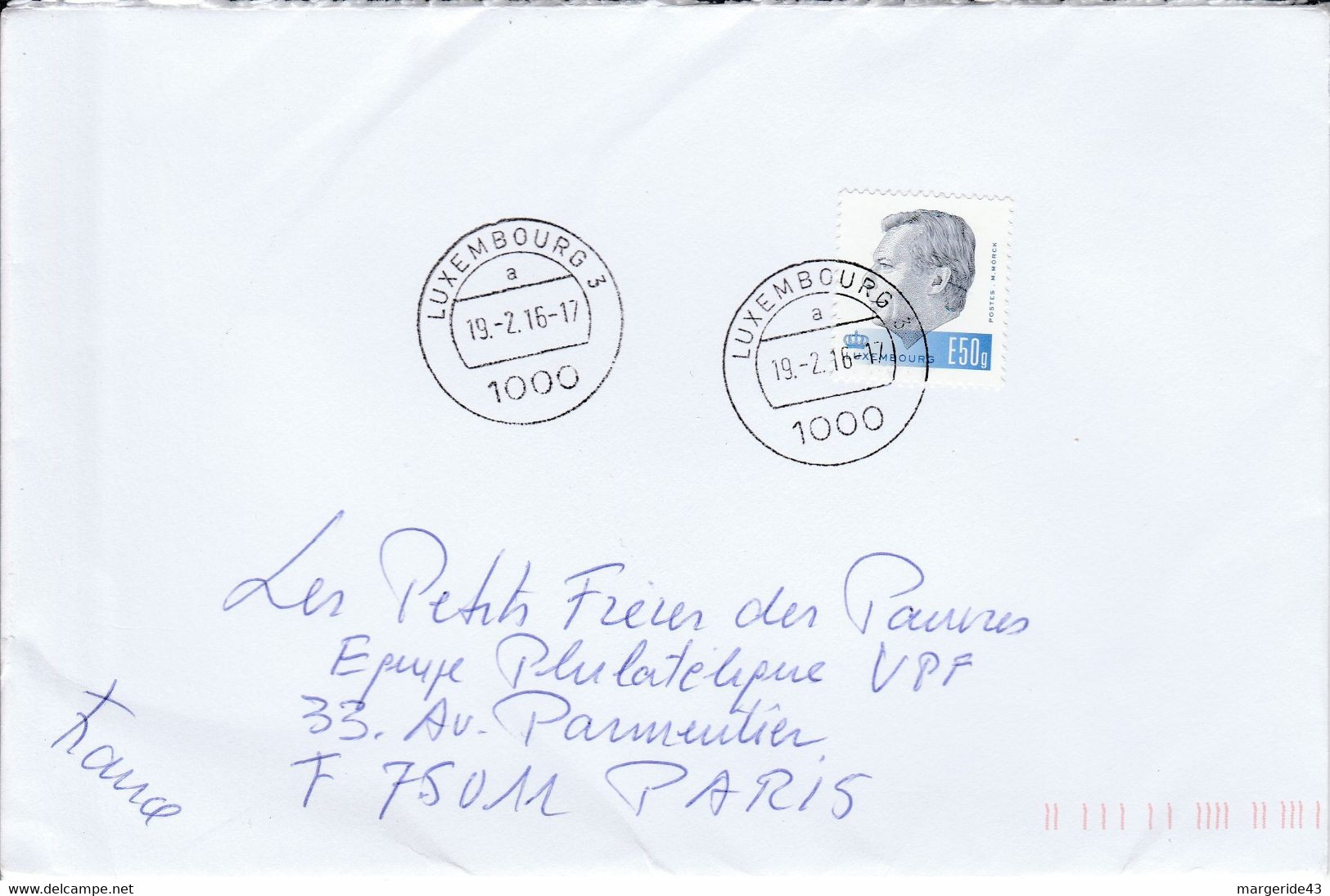 LUXEMBOURG SEUL SUR LETTRE POUR LA FRANCE 2016 - Storia Postale