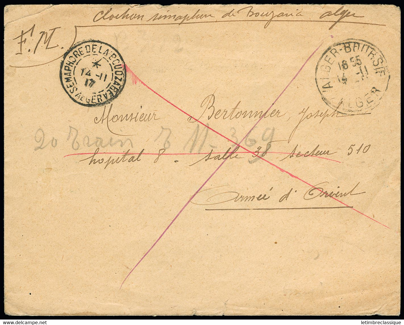 France Lettre En Franchise CAD à Cercle Intérieur Tireté "Semaphore De La Boudzarea Alger" Et CAD "Alger - Bourse Alger - Storia Postale