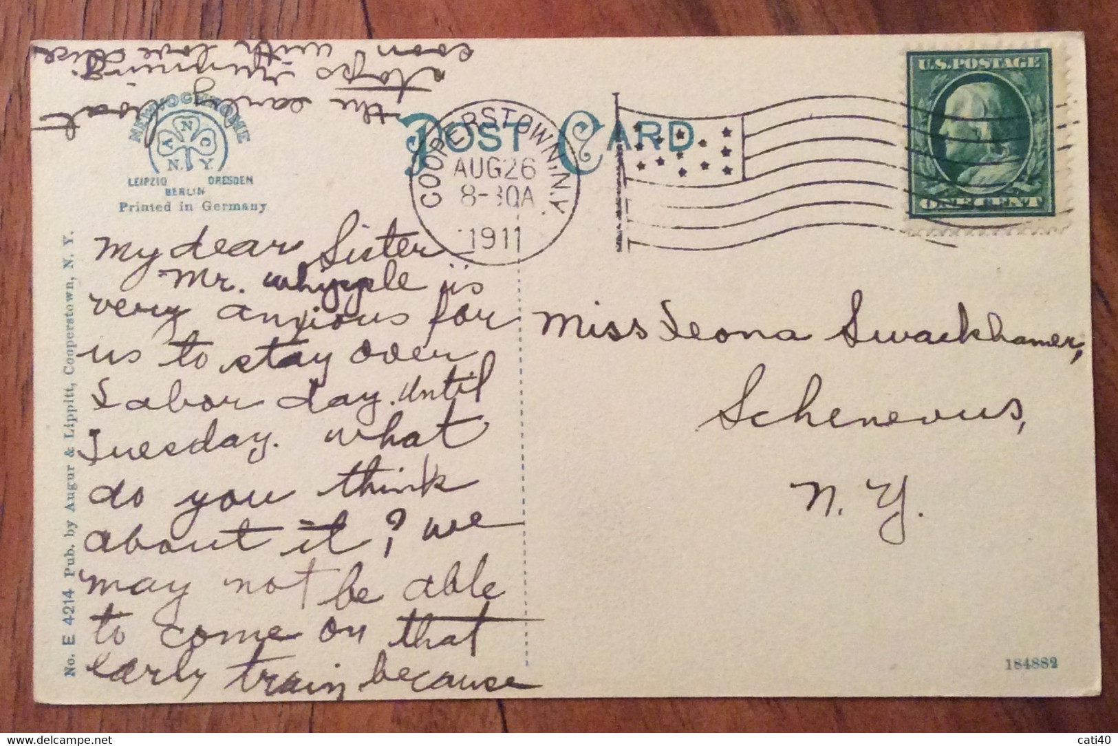 USA -  - VINTAGE POST CARD FRON COOPERSTOWN,N.Y. AUG 26 1911 TO N.Y. - Fall River