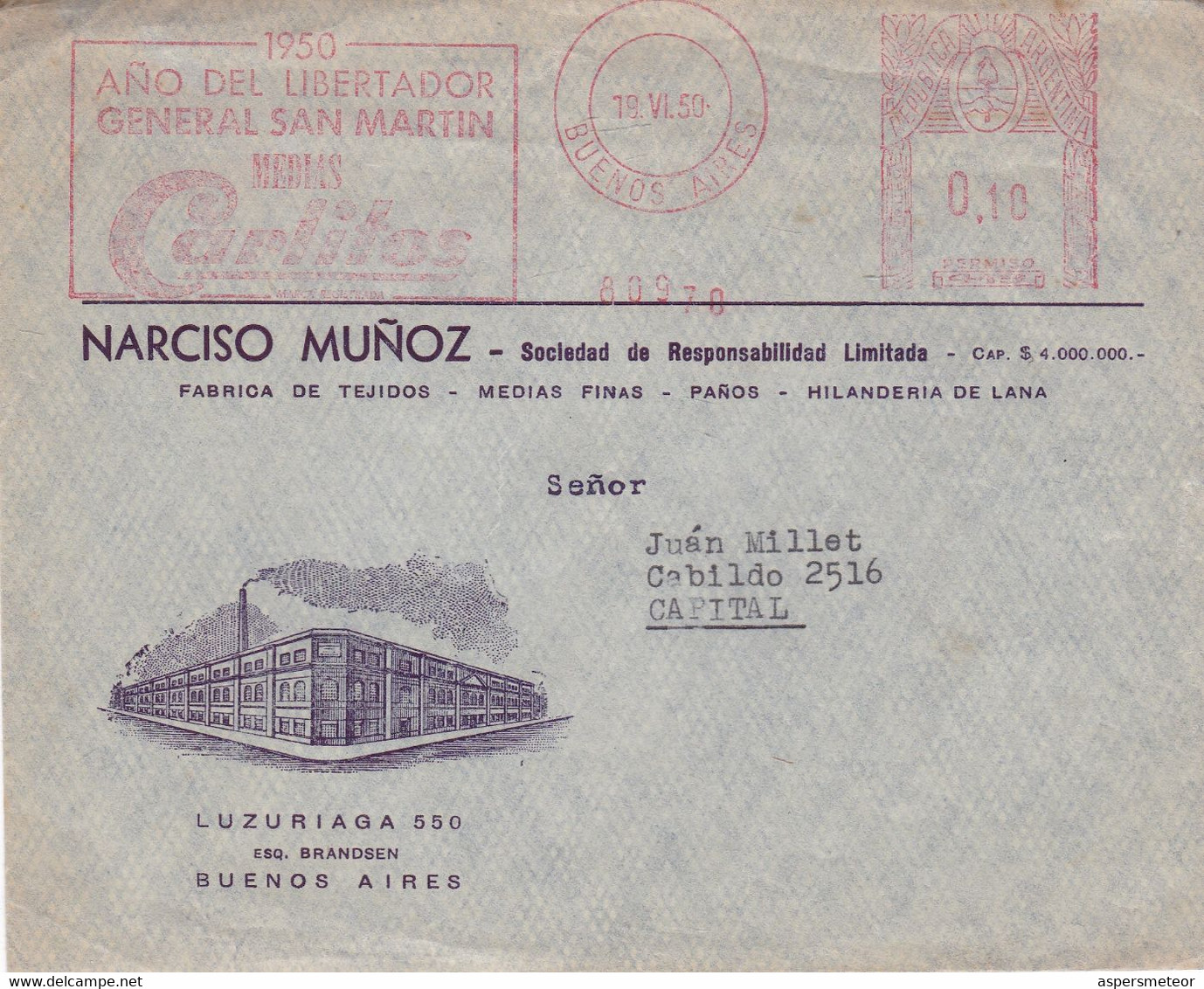 ARGENTINE. AÑO DEL LIBERTADOR GRAL SAN MARTIN. MEDIAS CARLITOS, SOCKS. MACHINE A AFFRANCHIR. 1950. CIRCULEE. -LILHU - Textil