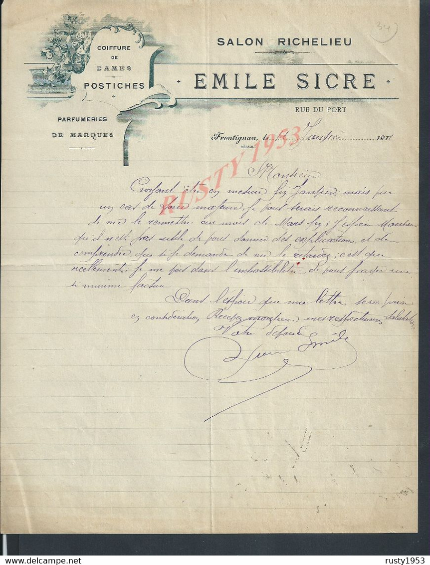 LETTRE COMMERCIALE DE 19011EMILE SICRE COIFFURE PARFUMERIE POSTICHES A FRONTIGNAN : - Droguerie & Parfumerie