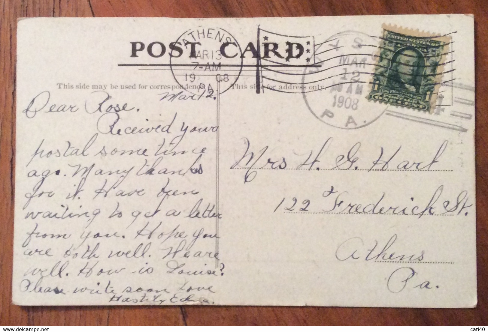 USA - GREETINGS FROM STANDING STONE  - VINTAGE POST CARD TO ATHENS  MAR 13  1908 - Fall River