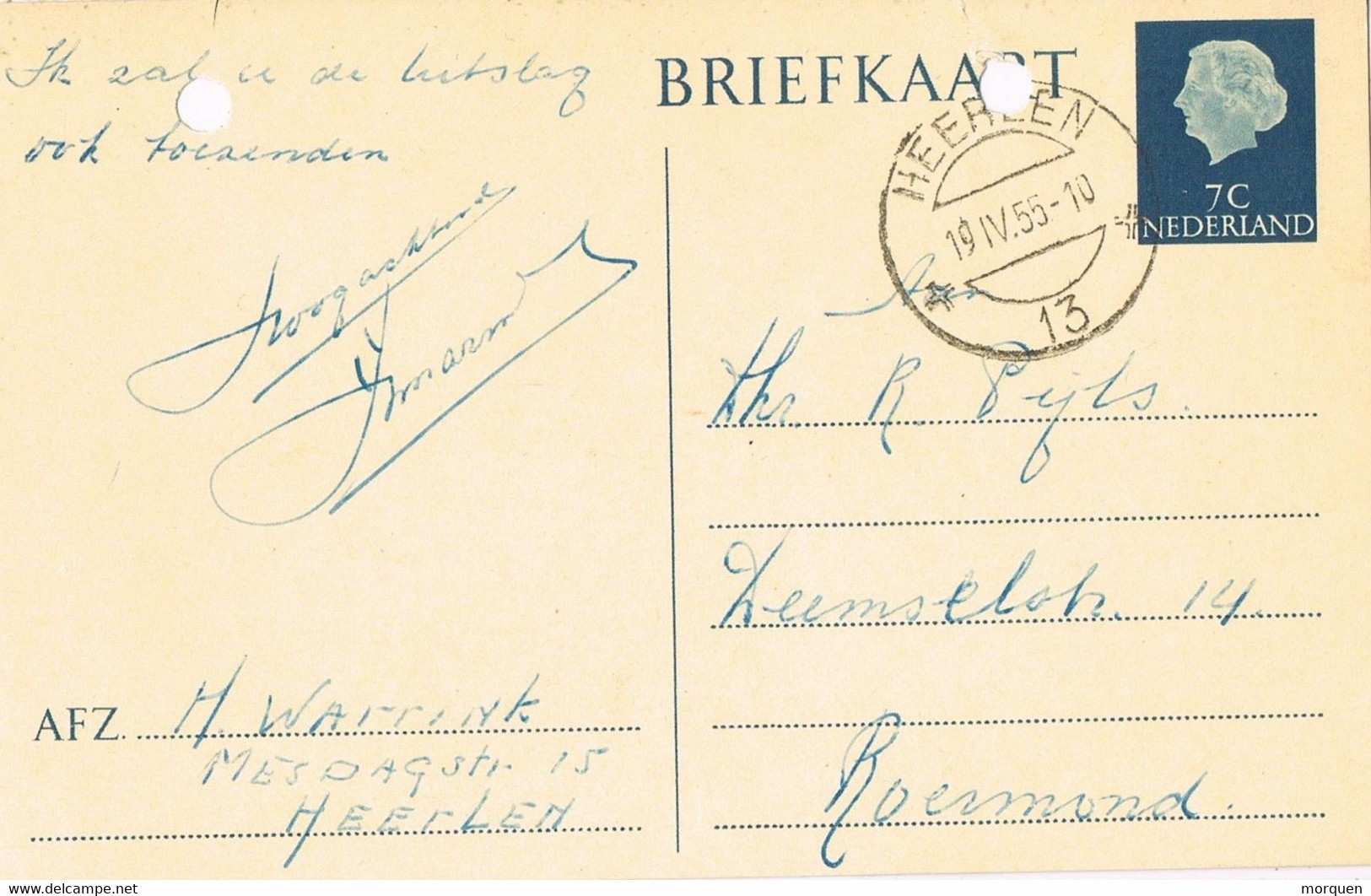 39259. Entero Postal HEERLEN (Holland) 1955 To Roermond - Autres & Non Classés