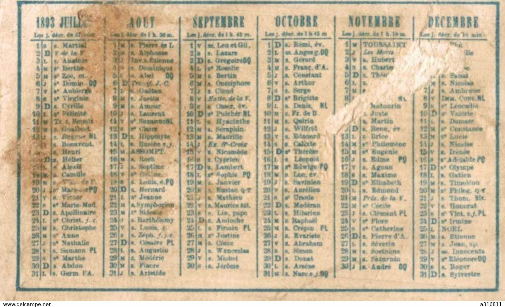 CHROMO  MINI CALENDRIER 1893 - Tamaño Pequeño : ...-1900