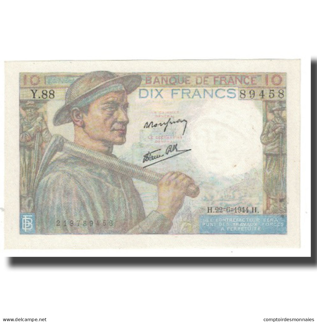 France, 10 Francs, 1944, 1944-06-22, SPL+, Fayette:08.12, KM:99e - 10 F 1941-1949 ''Mineur''
