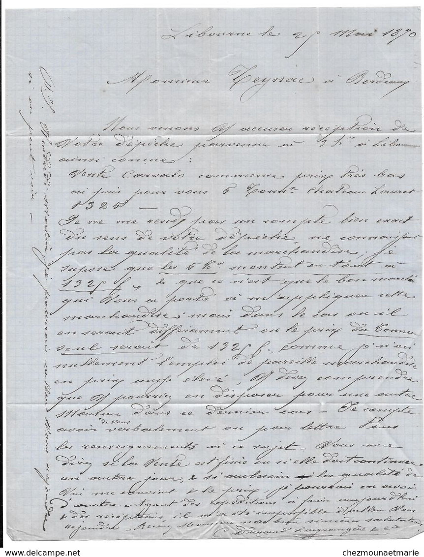 1870 LIBOURNE - DURAND LAGRANGERE POUR TEYNAC NEVEU RUE BORIE A BORDEAUX - L.A.S. LETTRE NAPOLEON 20C - 1863-1870 Napoléon III Lauré