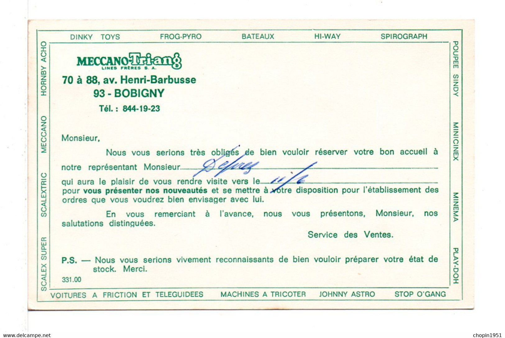 CARTE DE VISITE MECCANO-TRI-ANG - Visiting Cards