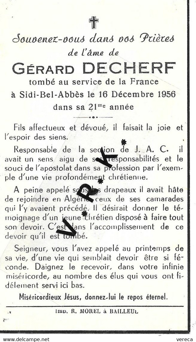 MILITAIRE- Gérard DECHERF , Responsable J.A.C. De Bailleul, + Le 16/12/1956 à Sidi Bel Abbès , à 21 Ans , Imp. Bailleul - Obituary Notices