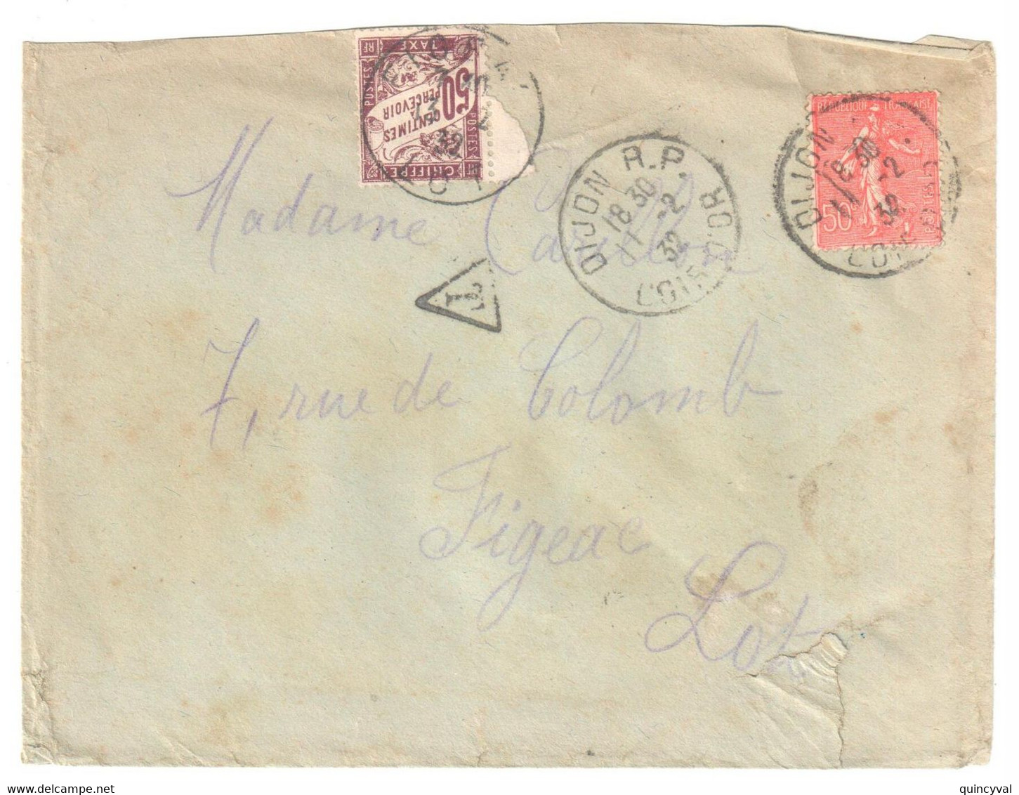 DIJON Lettre 50c Semeuse Lignée Rouge Taxe 50c Banderole Ob 1932 Yv 199 T37 - 1859-1959 Lettres & Documents