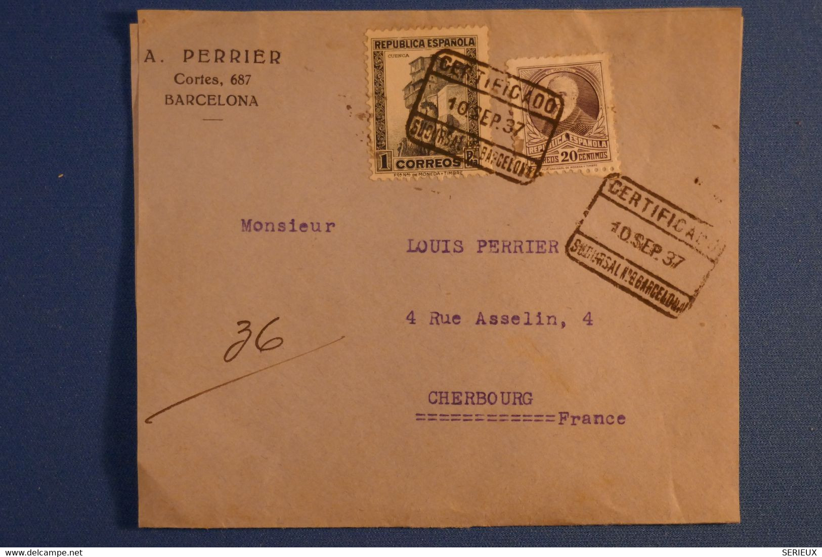 J25 ESPAGNE BELLE LETTRE  ASSEZ RARE 1937 GUERRE D ESPAGNE BARCELONA POUR CHERBOURG FRANCE + AFFRANCH. PLAISANT - Bolli Di Censura Repubblicana