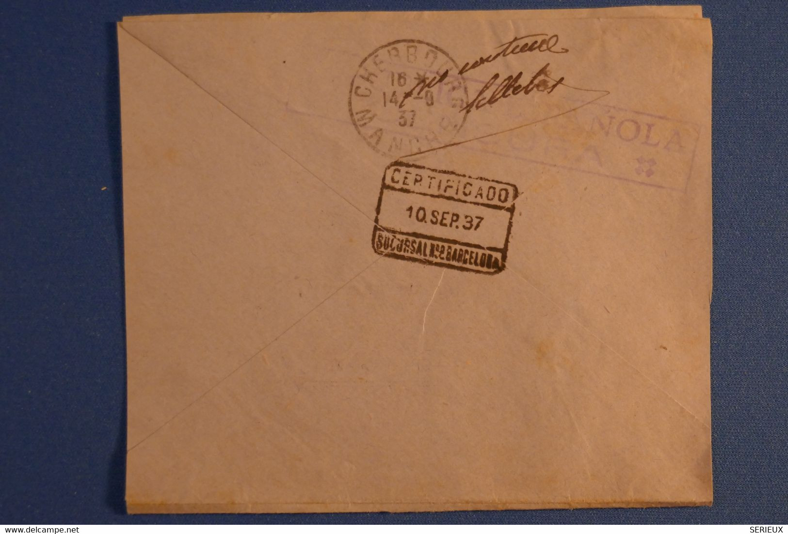 J25 ESPAGNE BELLE LETTRE  ASSEZ RARE 1937 GUERRE D ESPAGNE BARCELONA POUR CHERBOURG FRANCE + AFFRANCH. PLAISANT - Bolli Di Censura Repubblicana