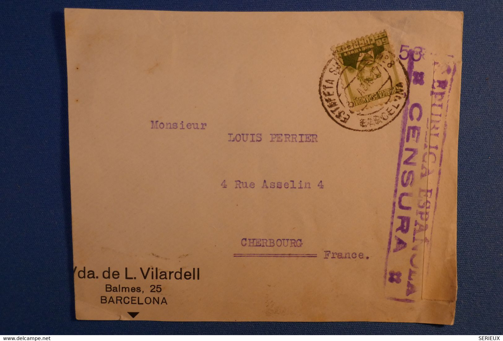 J25 ESPAGNE LETTRE DEVANT ASSEZ RARE+CENSURE 1937 GUERRE D ESPAGNE BARCELONA POUR CHERBOURG FRANCE + AFFRANCH.INTERESANT - Bolli Di Censura Repubblicana