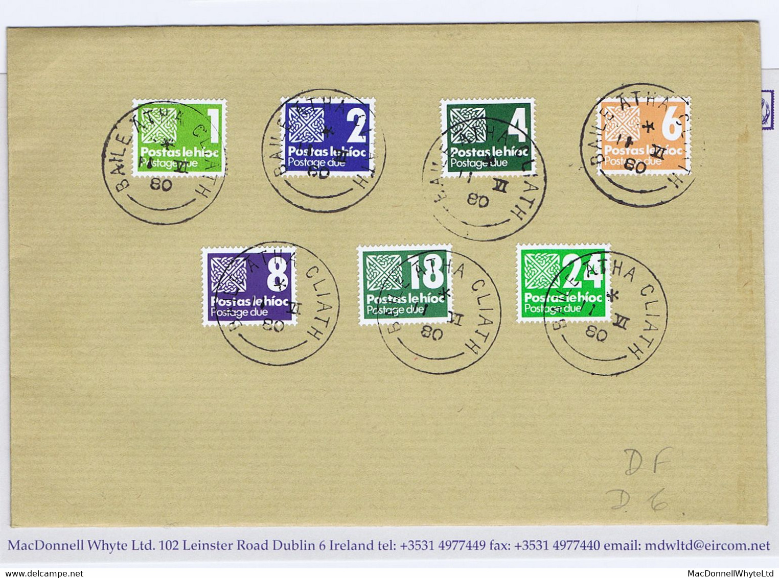 Ireland Postage Due 1980 Original Set Of 7 Values 1p To 24p Used On Plain First Day Cover 11 VI 80 - Postage Due