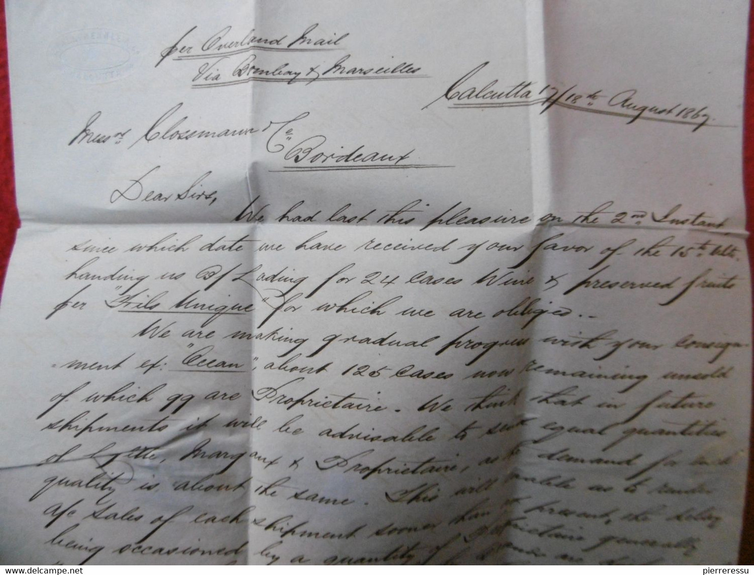 LETTRE COLONIES INDE VIA BORDEAUX CACHET CALCUTA PD VIA BOMBAY MARSEILLE 1867 état - 1854 Compagnia Inglese Delle Indie