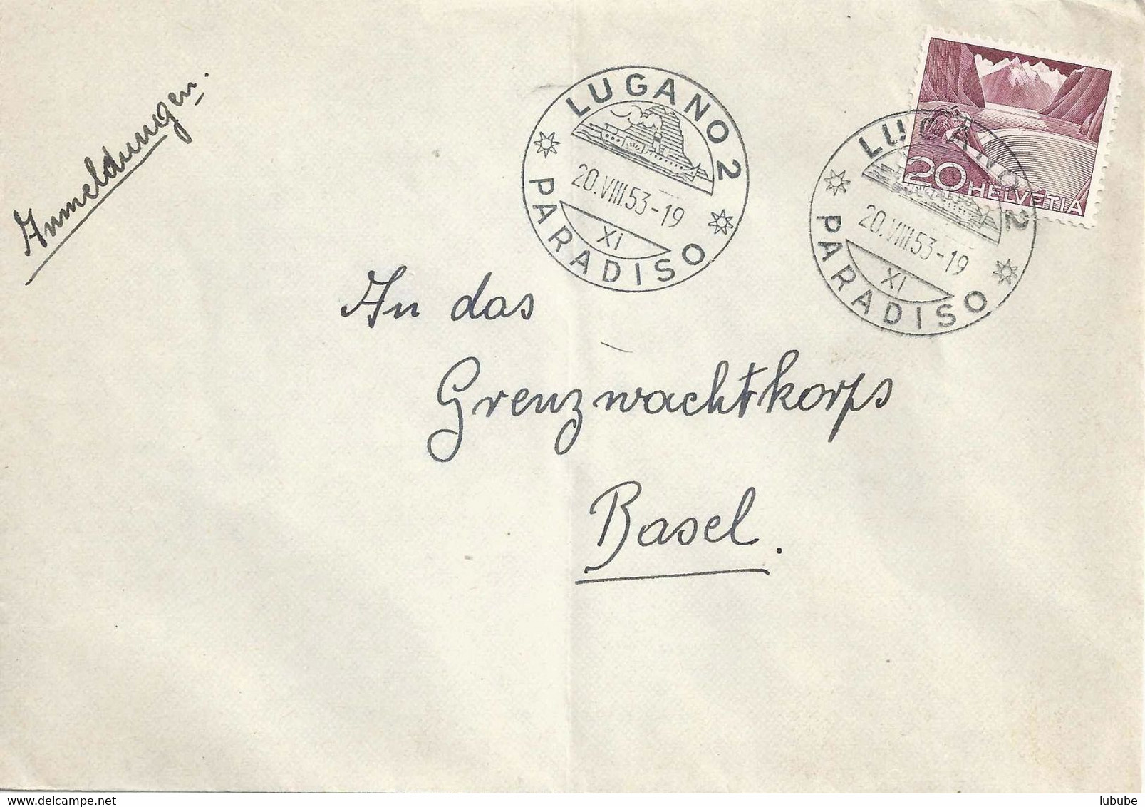 Brief  Lugano Paradiso - Basel  (Rollenfrankatur)        1953 - Coil Stamps