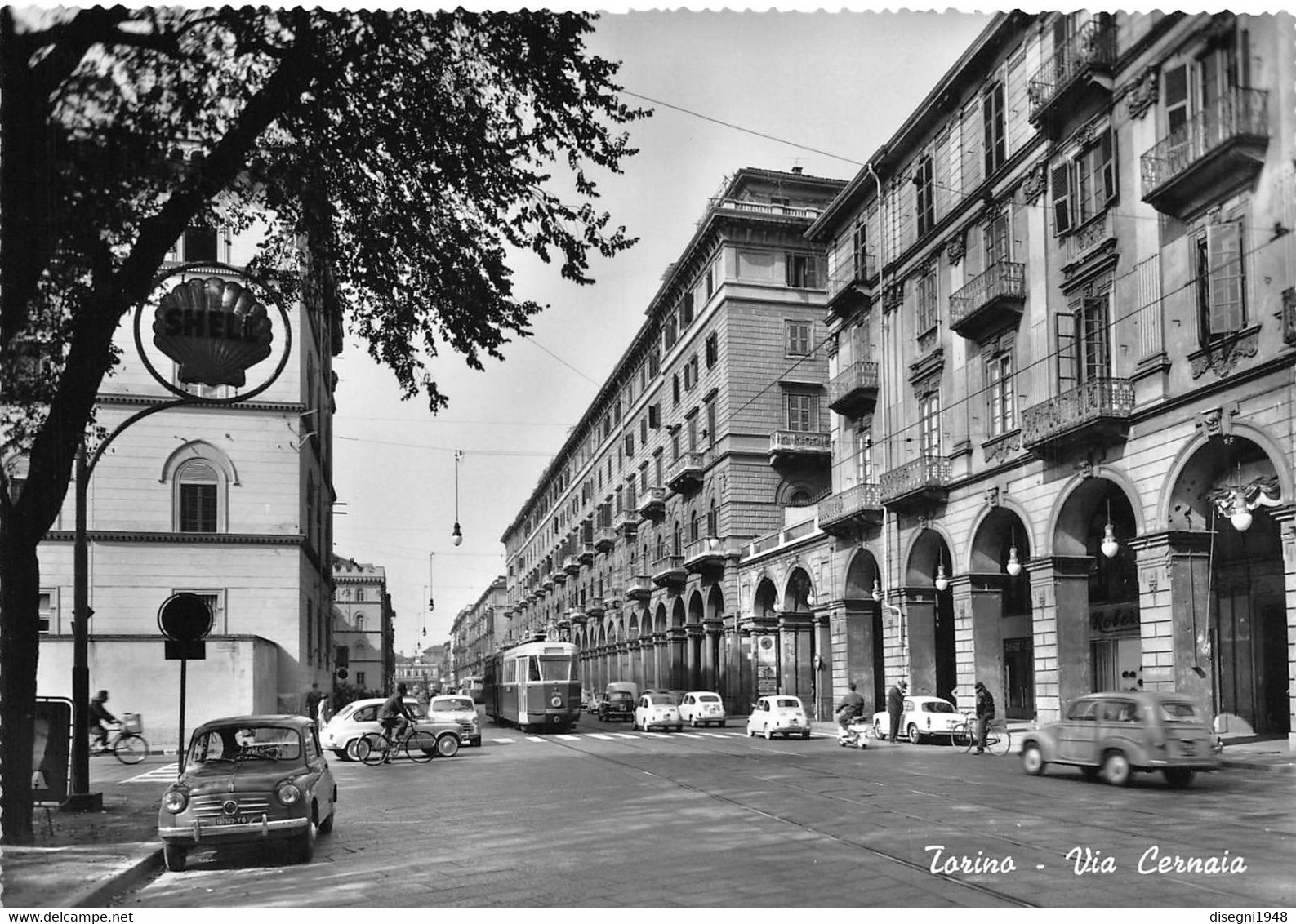 09398 "TORINO V. CERNAIA - TRAMWAY N° 10  SERIE 2700 (DOPPIO) MATR. 2746 - INSEGNA SHELL" CART. ILL. ORIG. NON SPED. - Transports