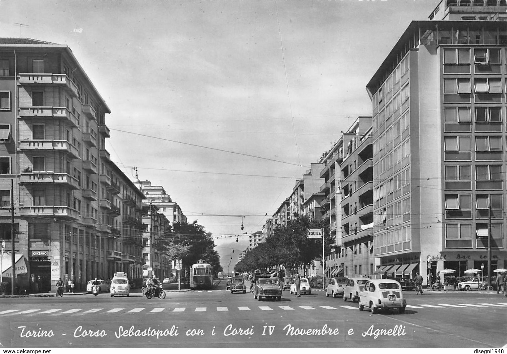 09399 "TORINO  C.SI SEBASTOPOLI, IV NOVEMBRE, AGNELLI, TRAM N° 9 SERIE 2700, DISTRIB. AQUILA" CART. ILL. ORIG. NON SPED. - Trasporti