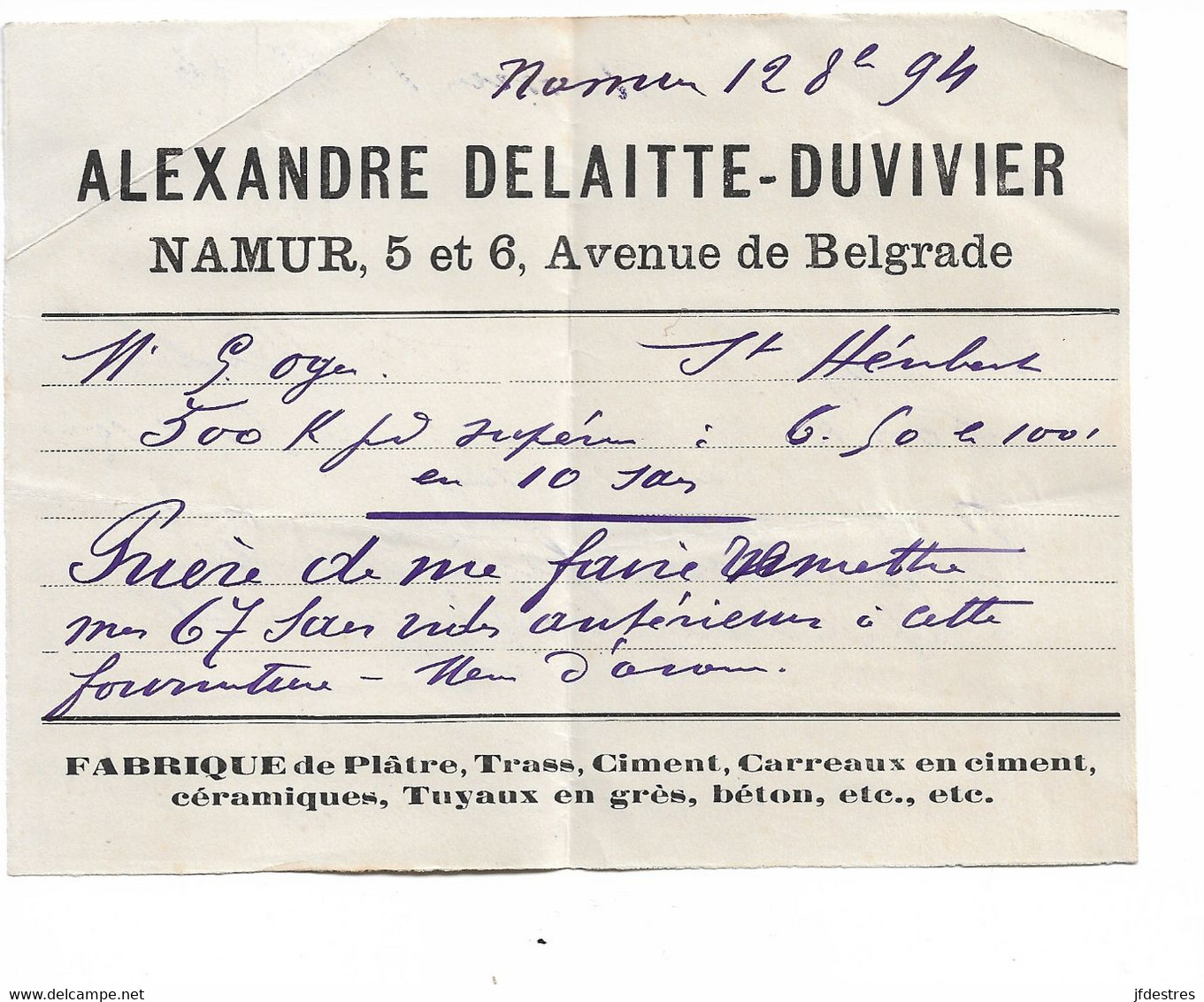 Carte Imprimée Alexandre Delaitte-Duvivier Namur Fabrique De Plâtre, Ciment... 1894 à M. Oger St Héribert (Wépion) - 1800 – 1899