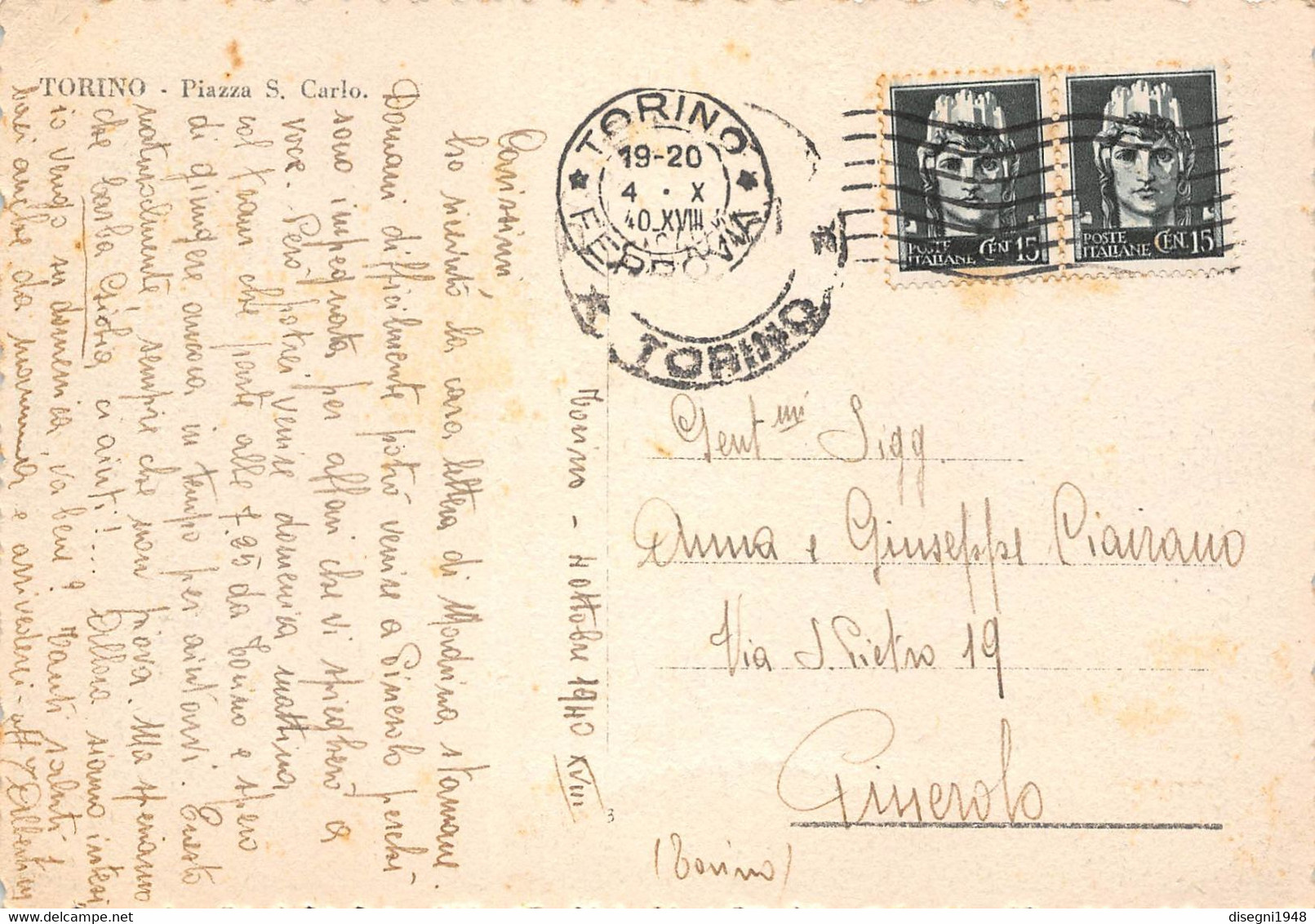 09400 "TORINO  PIAZZA S. CARLO - VIGILE URBANO ED AUTO ANNI '30" CART. ILL. ORIG. SPED. 1940 - Places