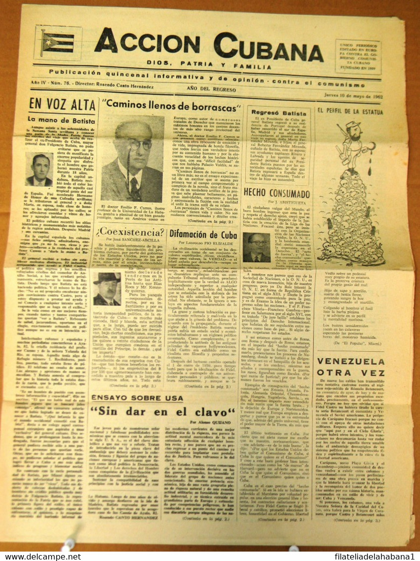 BP-320 CUBA  ANTICOMMUNIST NEWSPAPER ACCION CUBANA ESPAÑA PRINTING 10/MAY/1962. - [4] Themen