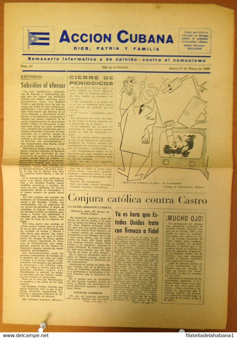 BP-321 CUBA ESPAÑA ANTICOMMUNIST NEWSPAPER ACCION CUBANA ESPAÑA PRINTING 31/MAR/1960. - [4] Themes