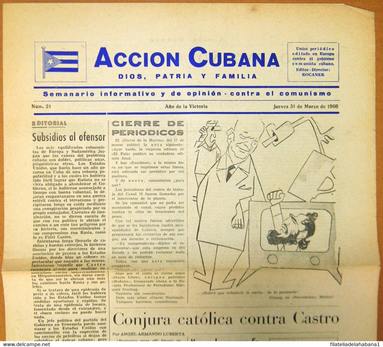 BP-321 CUBA ESPAÑA ANTICOMMUNIST NEWSPAPER ACCION CUBANA ESPAÑA PRINTING 31/MAR/1960. - [4] Thèmes