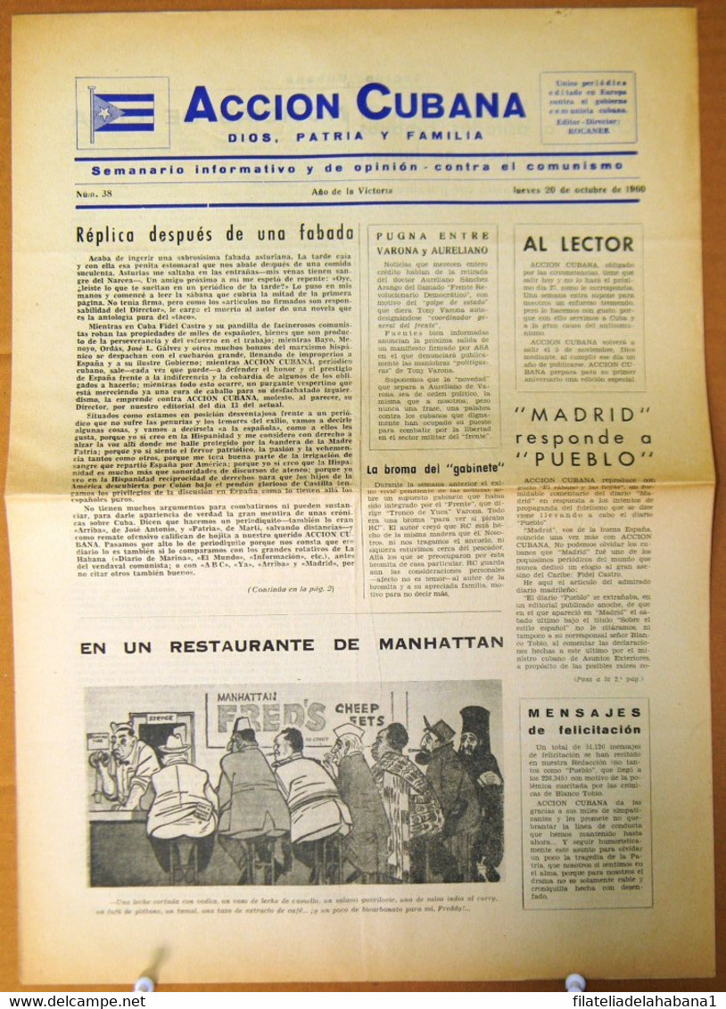 BP-322 CUBA ESPAÑA ANTICOMMUNIST NEWSPAPER ACCION CUBANA ESPAÑA PRINTING 20/OCT/1960. - [4] Themes