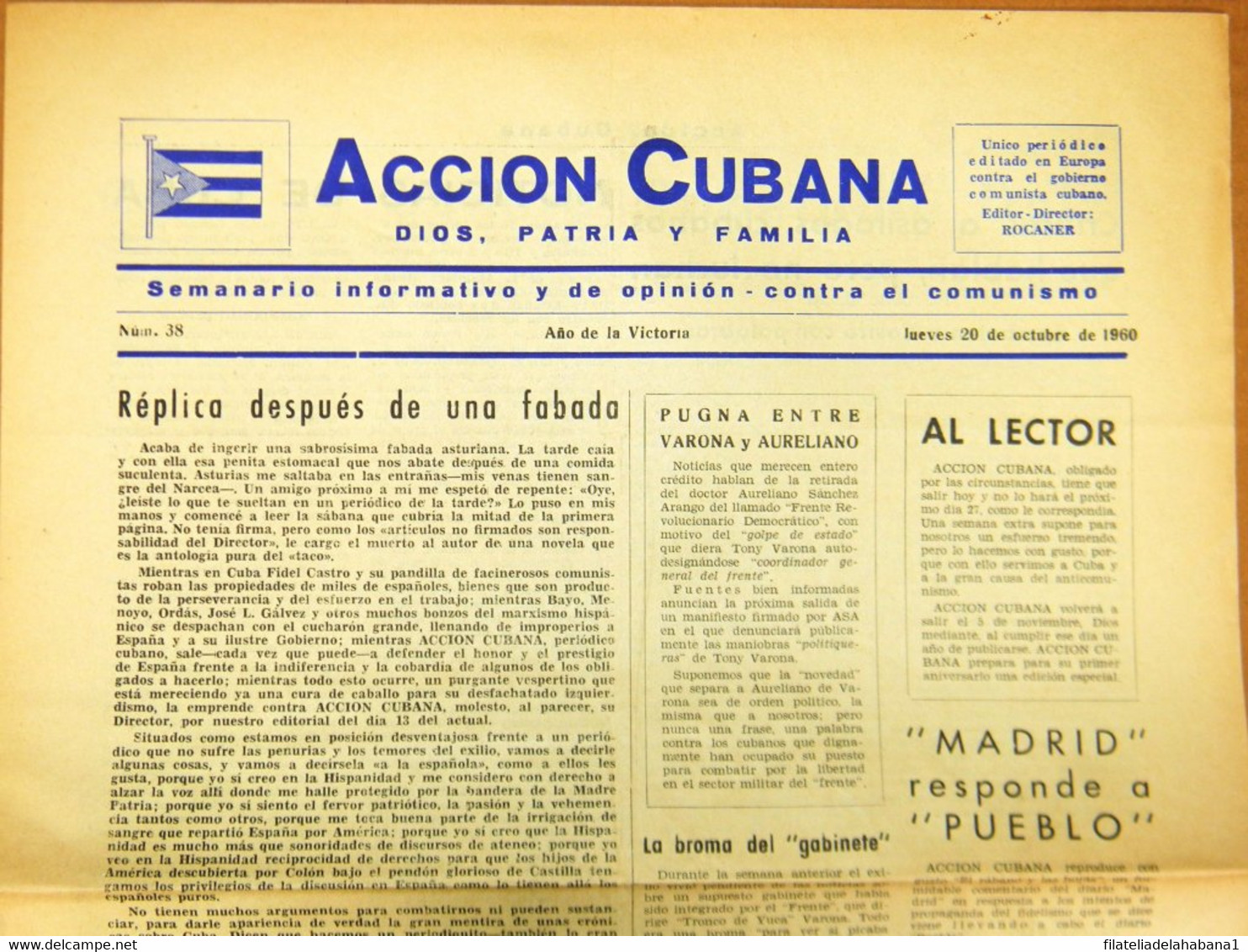 BP-322 CUBA ESPAÑA ANTICOMMUNIST NEWSPAPER ACCION CUBANA ESPAÑA PRINTING 20/OCT/1960. - [4] Themes