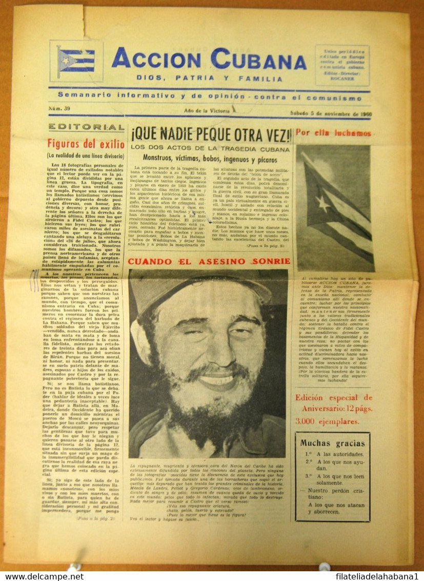 BP-324 CUBA ESPAÑA ANTICOMMUNIST NEWSPAPER ACCION CUBANA ESPAÑA PRINTING 5/NOV/1960. - [4] Themes