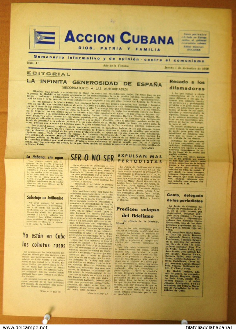 BP-325 CUBA ESPAÑA ANTICOMMUNIST NEWSPAPER ACCION CUBANA ESPAÑA PRINTING 1/DIC/1960. - [4] Temas