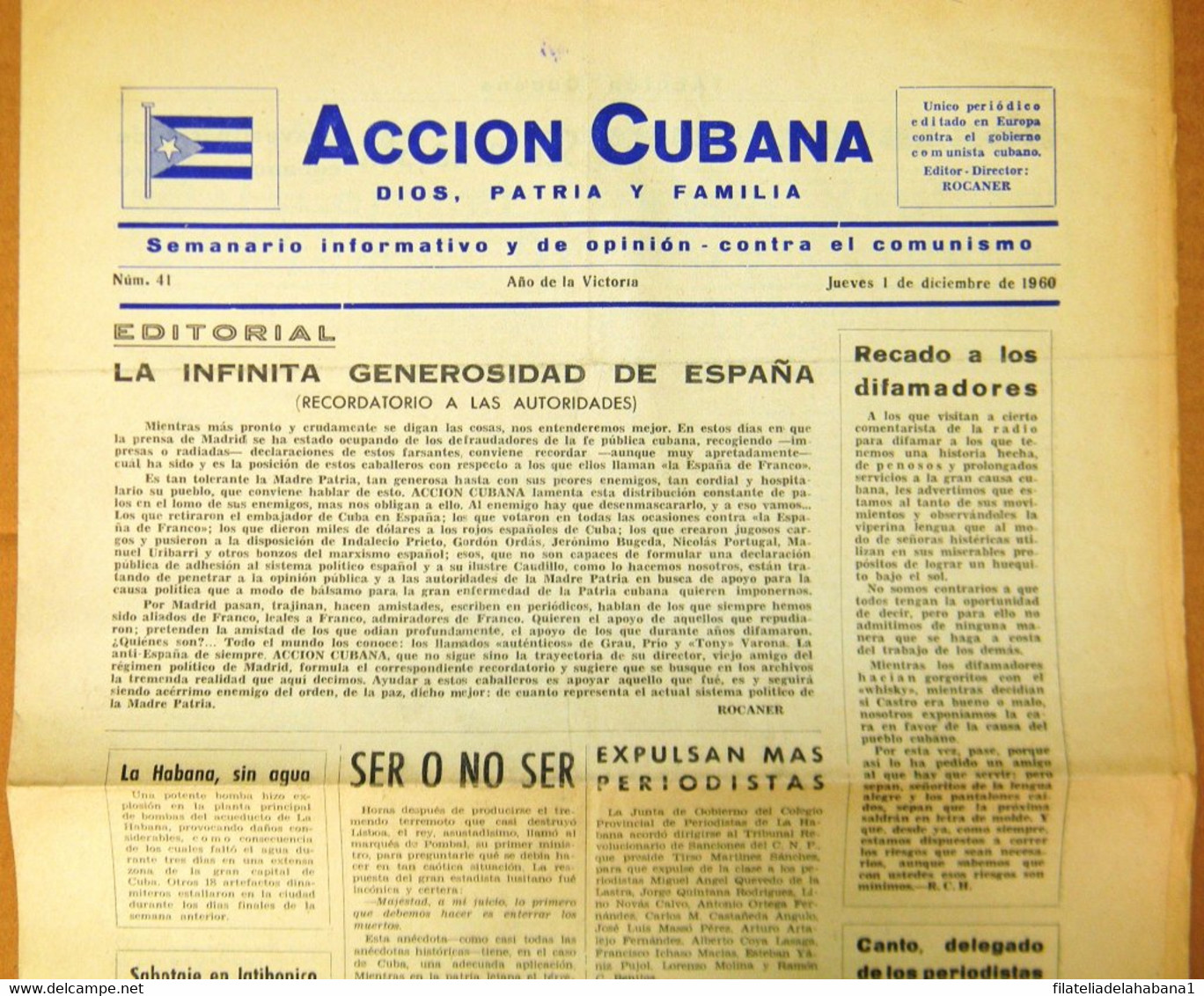 BP-325 CUBA ESPAÑA ANTICOMMUNIST NEWSPAPER ACCION CUBANA ESPAÑA PRINTING 1/DIC/1960. - [4] Thema's