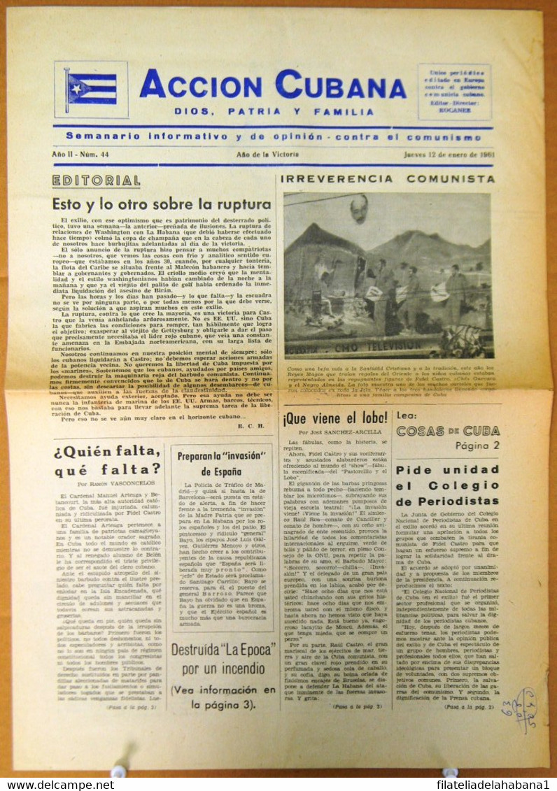 BP-327 CUBA ESPAÑA ANTICOMMUNIST NEWSPAPER ACCION CUBANA ESPAÑA PRINTING 12/ENE/1961. - [4] Themen