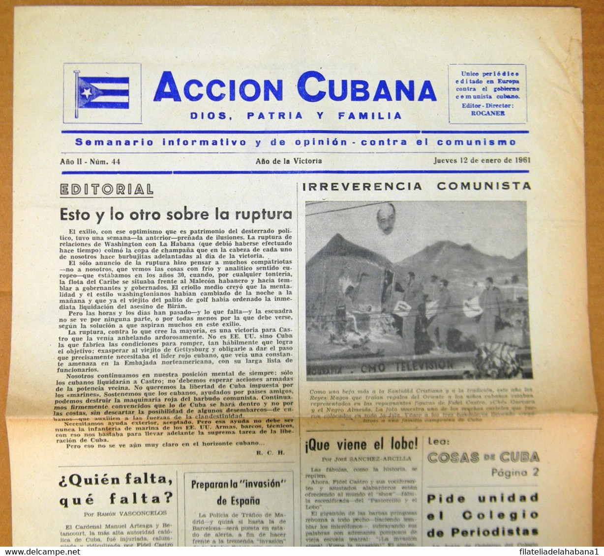 BP-327 CUBA ESPAÑA ANTICOMMUNIST NEWSPAPER ACCION CUBANA ESPAÑA PRINTING 12/ENE/1961. - [4] Themen
